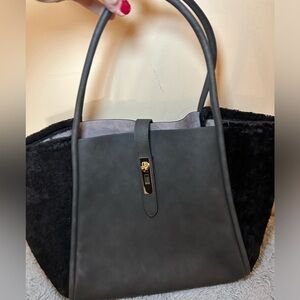Unbillion Large Sized Black Leather and Faux Furry Bag -Very Clean - EUC